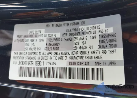 2024 Mazda Cx-90 Phev Preferred from USA, damaged, VIN JM3KKBHA7R1159611